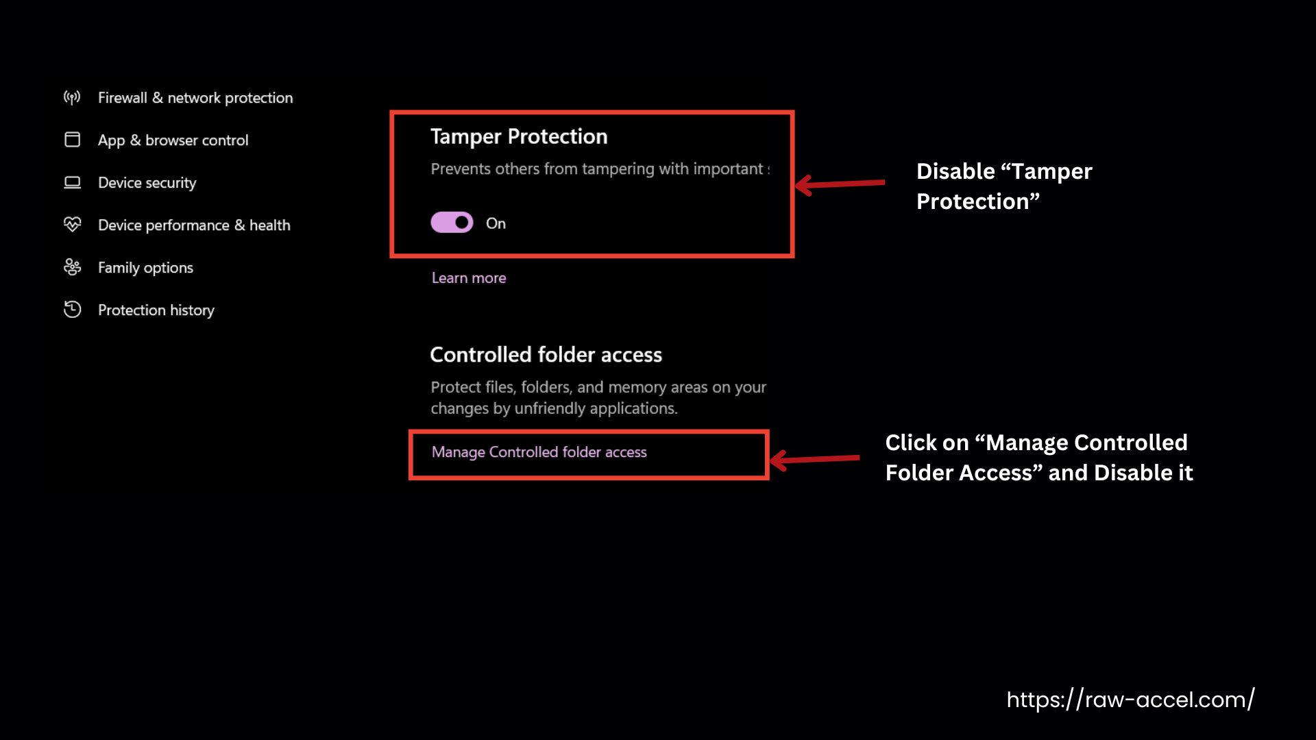 Disable Tamper Protection and Controlled Folder Access