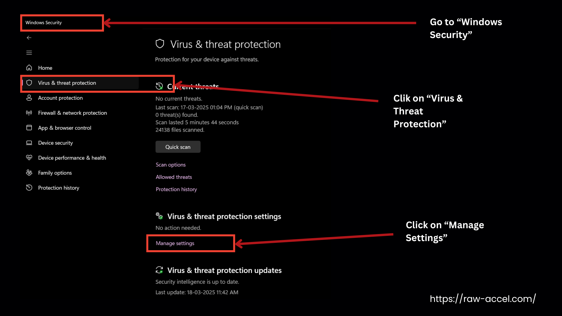 virus and threat protection setting
